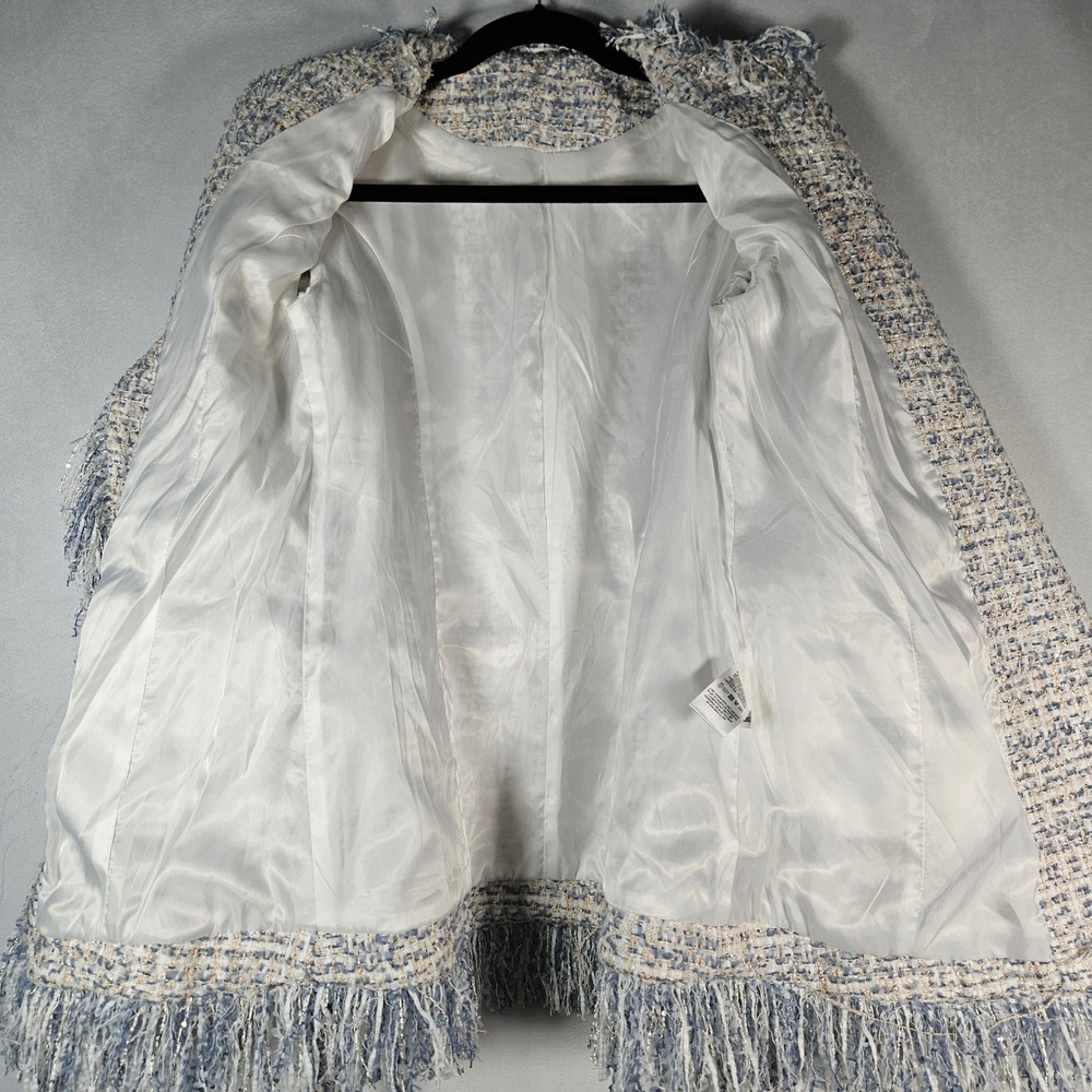 Balmain Tweed Jacket Womens M Blue Fringed Sequin Glam Designer Belt Luxury Boho - Picture 10 of 16